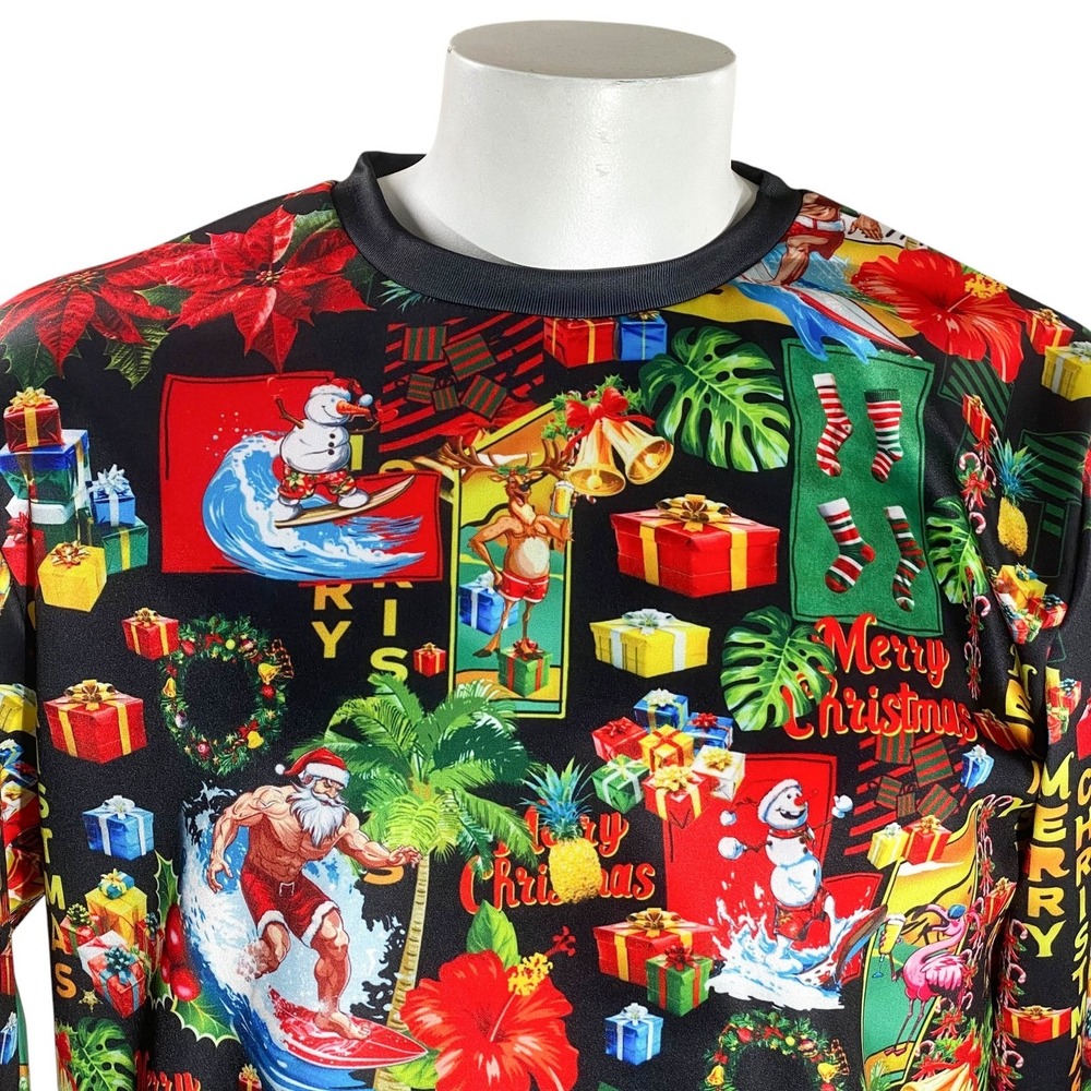 Christmas Sweatshirt Large LS Surfing Santa Claus Snowman Holly Palm Trees Black